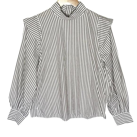 NWT EVERLANE Striped Wing Shoulder Bishop Sleeve Stand Collar Top - Picture 4 of 6
